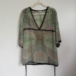 Y2K Cabi Green Hippie Baby Doll V-Neck Tunic Top Sheer Bell Sleeve Size M